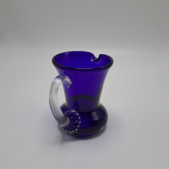 Pilgrim Glass Blue Pitcher Vase Creamer With Clear Ribbed Handle - Picture 4 of 10